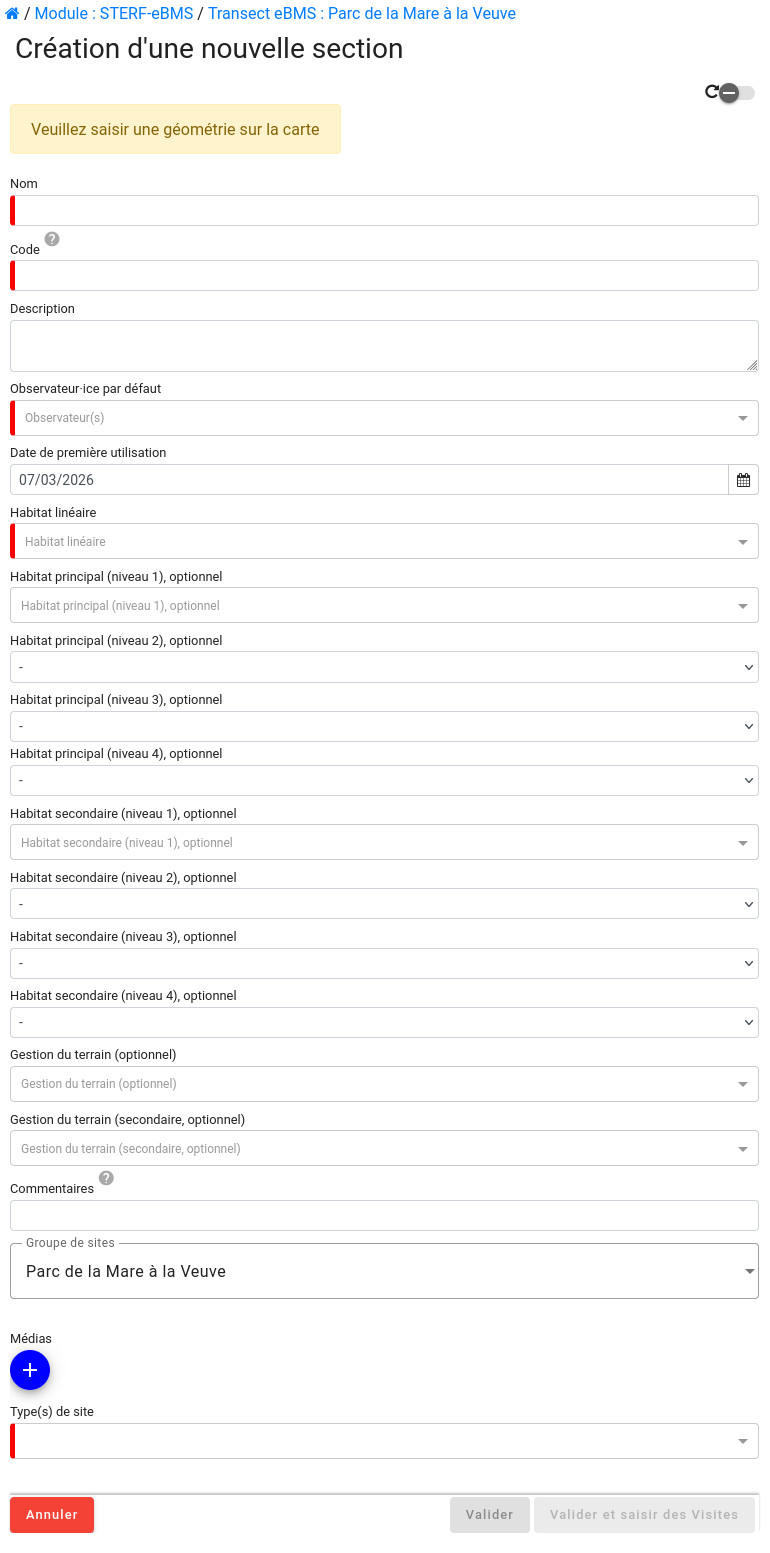 Ajout d'une nouvelle section à un transect