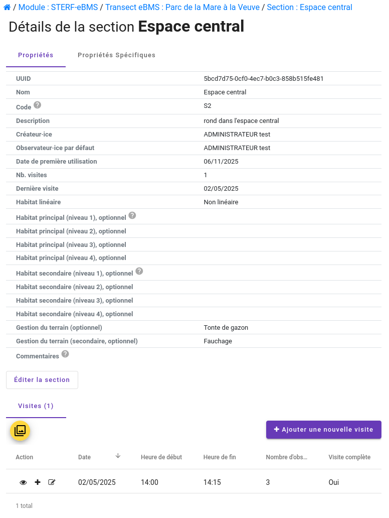 Détails d'une section avec la liste de ses visites